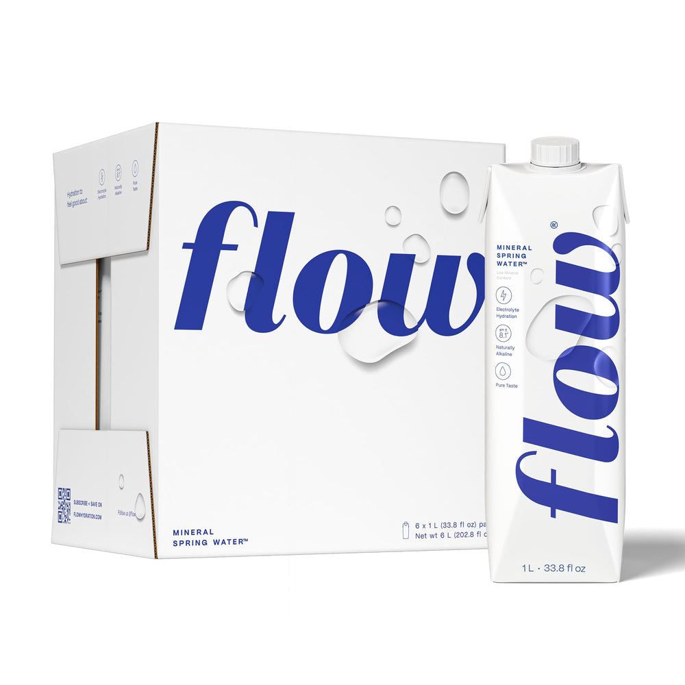 Flow Alkaline Spring Water bottle showing crisp hydration from natural minerals