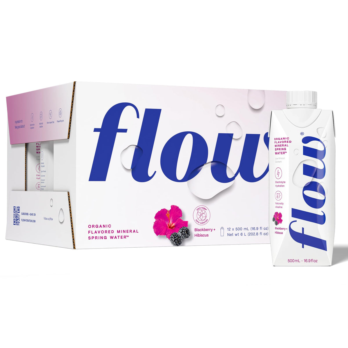 Flow Mineral Water blackberry hibiscus bottle shows organic flavor for refreshing hydration.