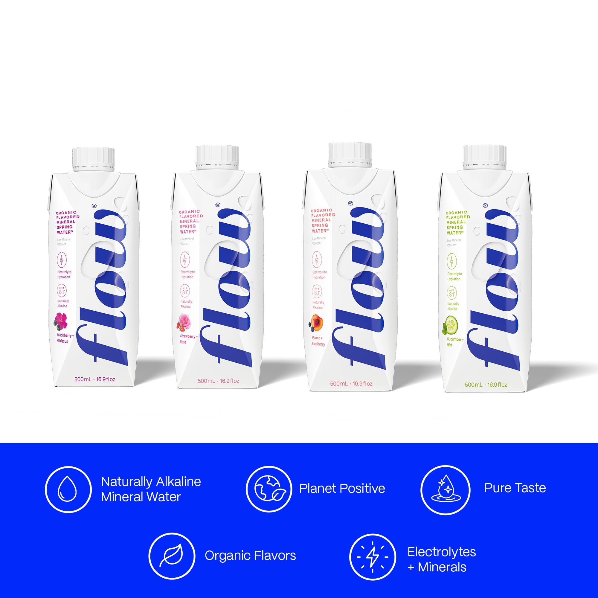 Flow Organic flavors blackberry hibiscus bottle showcases natural taste without sugar.