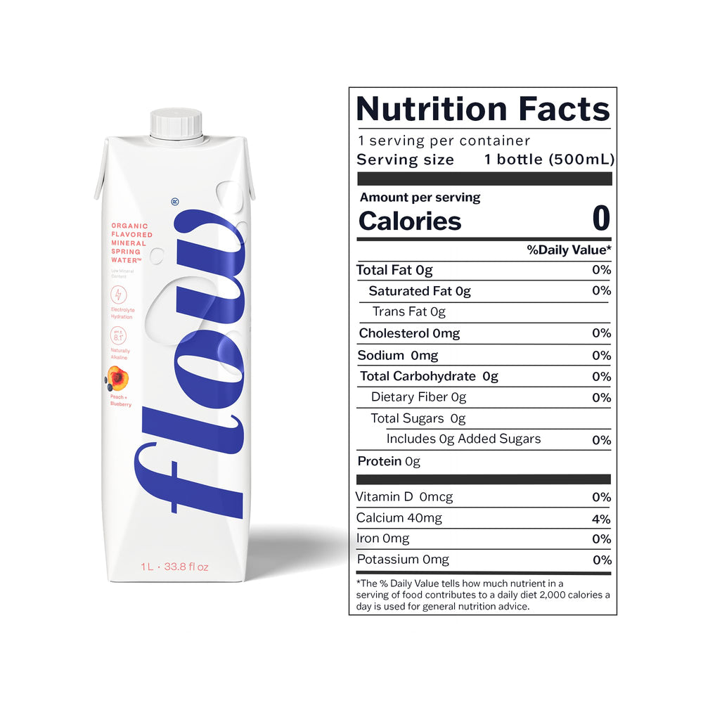 Flow organic peach flavor label close-up showing natural taste