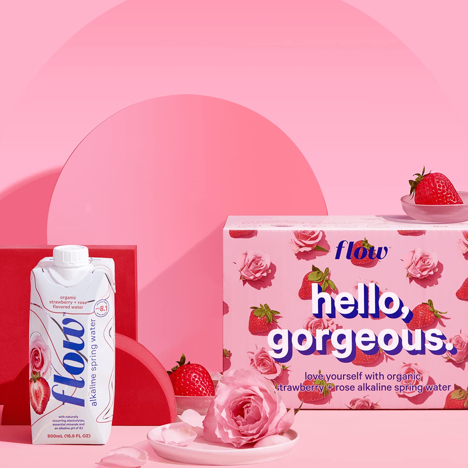 Flow Water alkaline strawberry-rose close-up showing natural minerals and flavor.