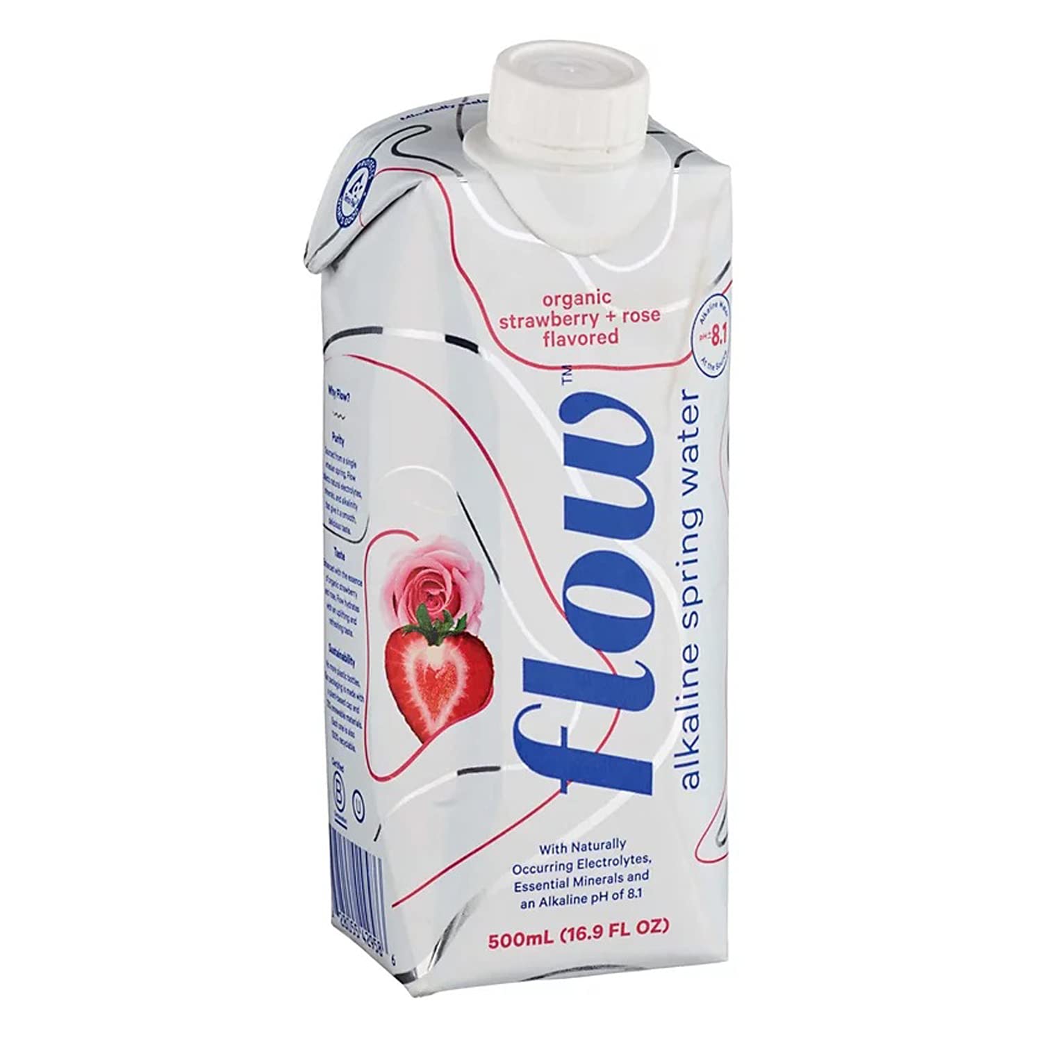 Flow Water alkaline strawberry-rose bottle pouring for refreshing hydration.