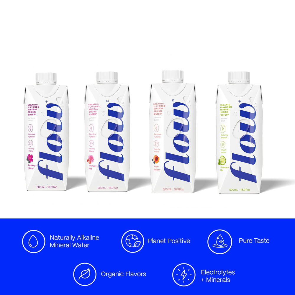 Flow zero calories and no sugar packaging supports guilt-free hydration.
