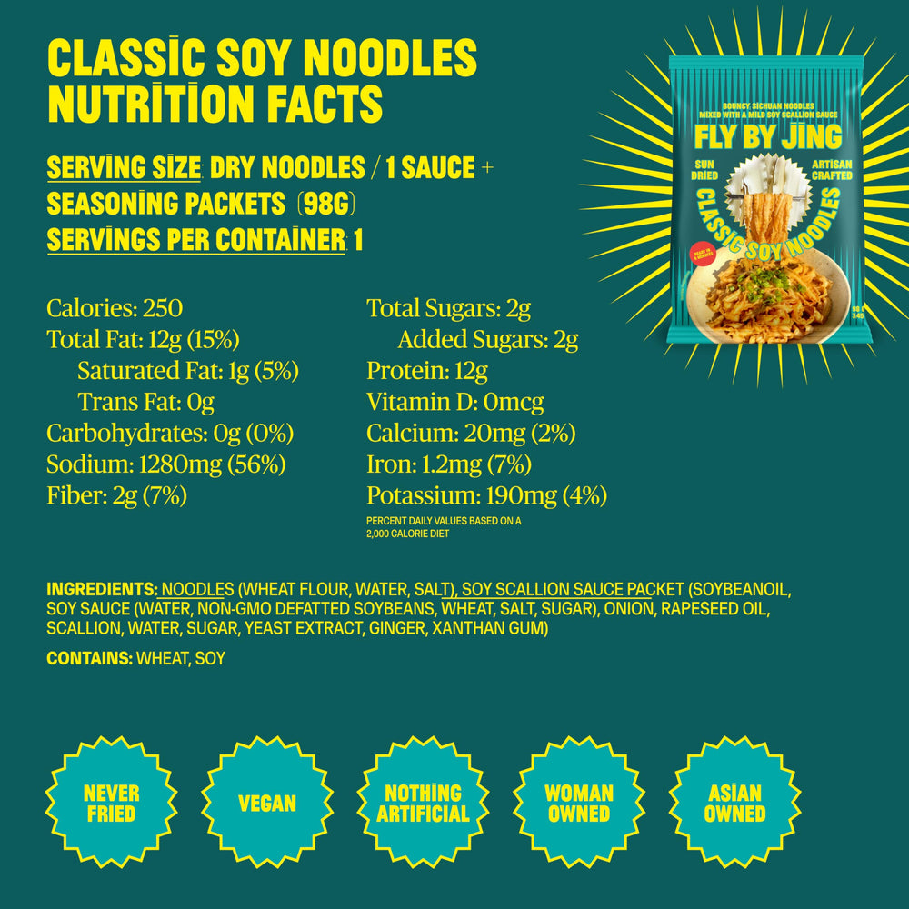 Fly By Jing Classic Soy Noodles served with veggies for quick meals.