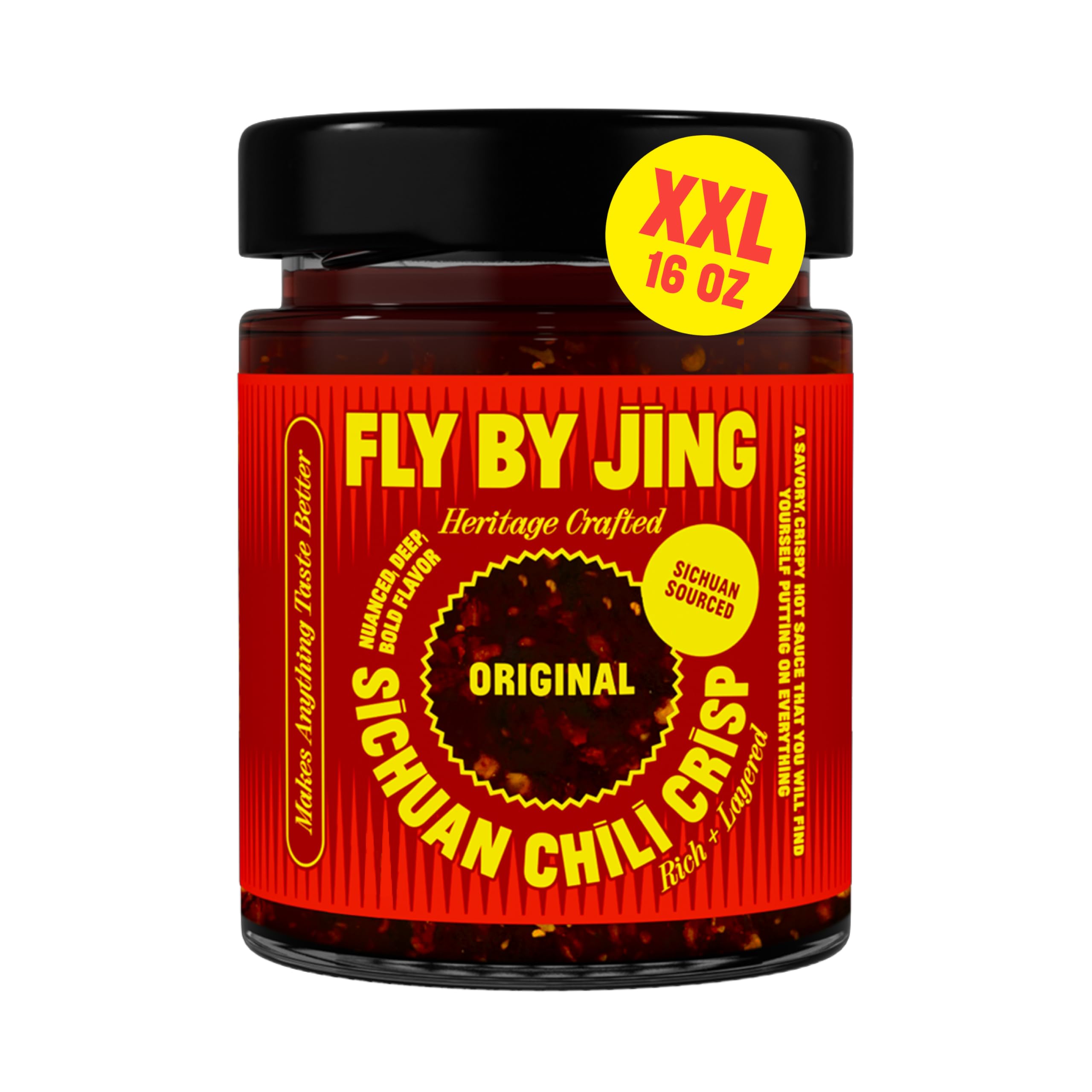 FLYBYJING XL Original Sichuan Chili Crisp jar showing bold texture for meal elevation