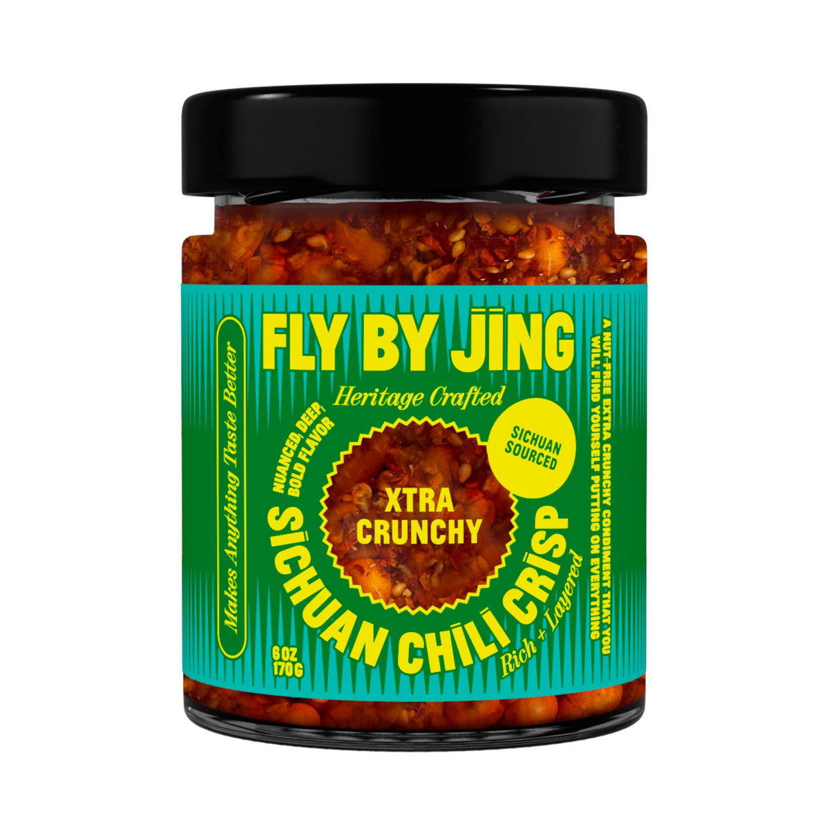 Flybyjing Xtra Crunchy Sichuan Chili Crisp bottle emphasizes bold, versatile flavor.