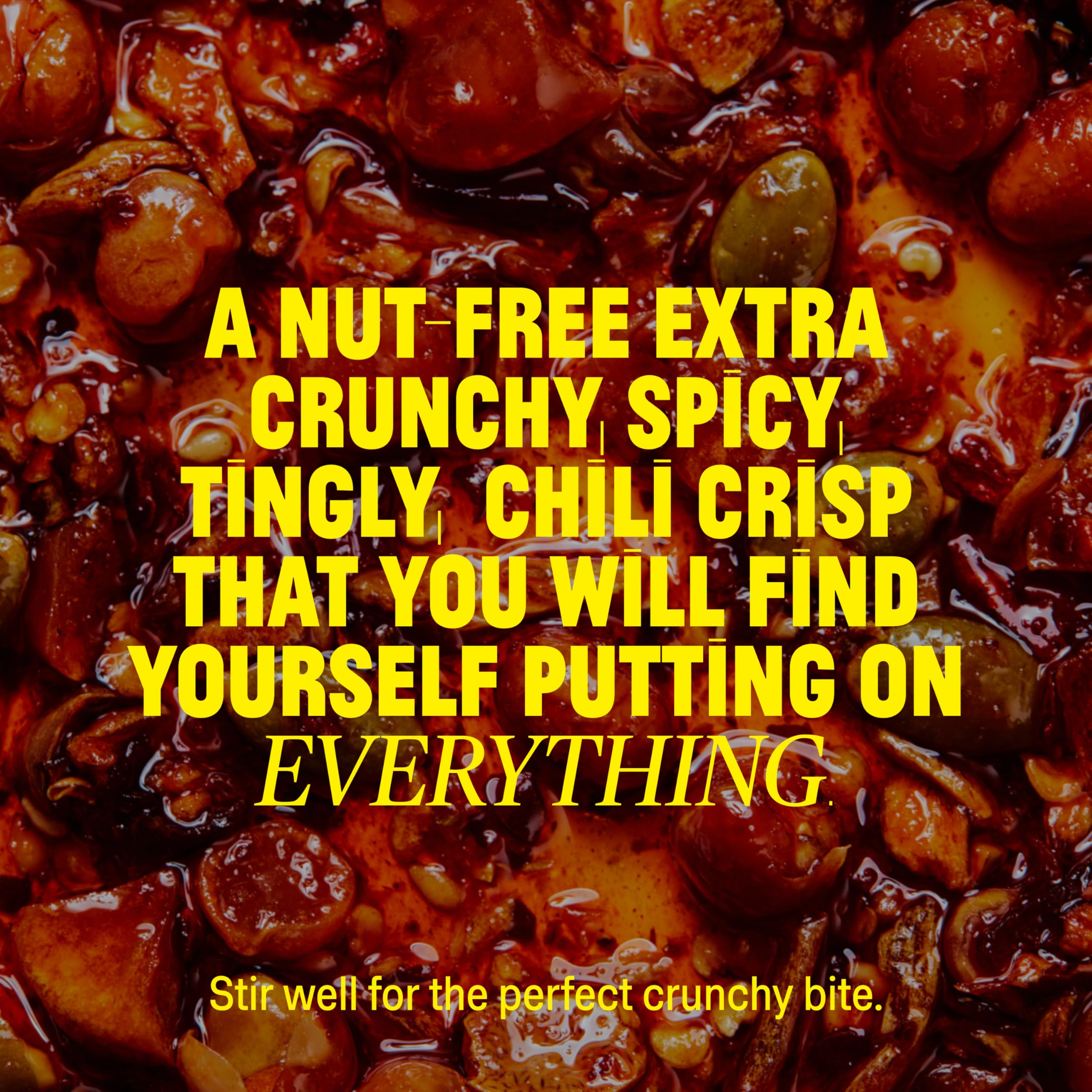 Close-up texture of Flybyjing Xtra Crunchy Sichuan Chili Crisp for extra crunch.