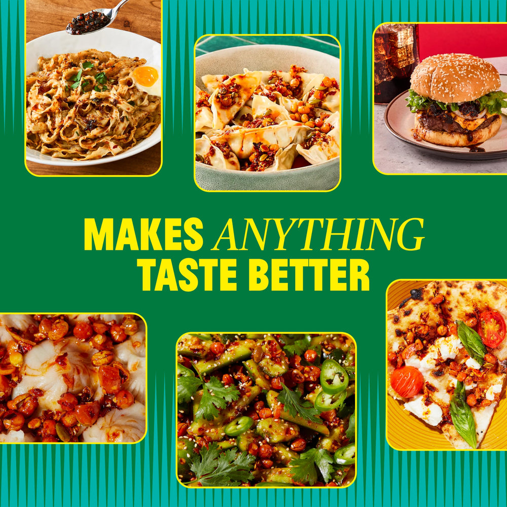 FLYBYJING Xtra Crunchy Sichuan Chili Crisp on dishes adds extra crunch and heat.