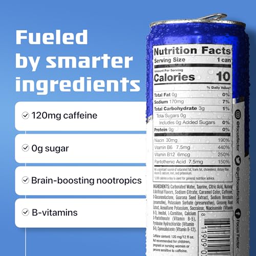 Focus Factor Energy Drink original label close-up highlighting caffeine and B vitamins.