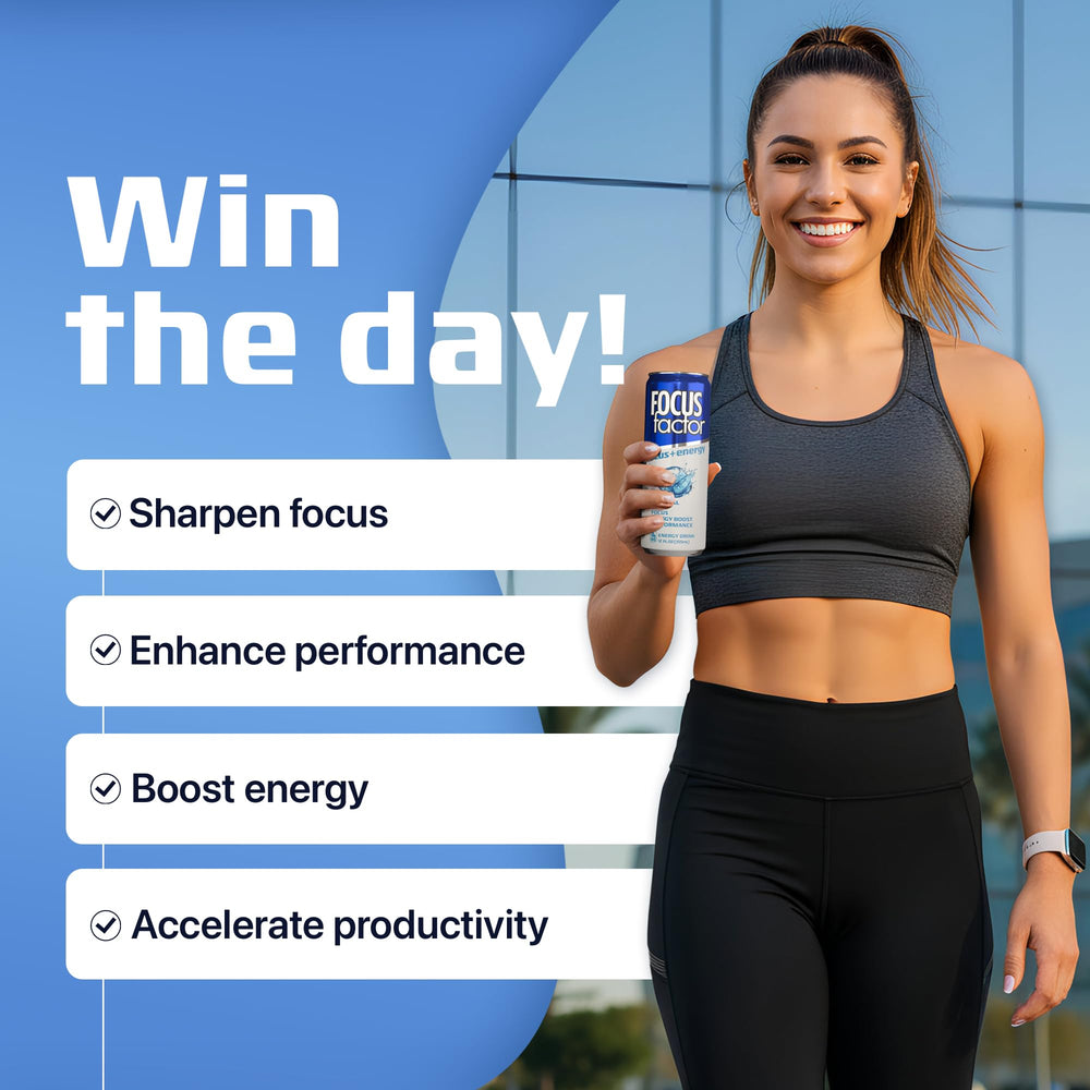 Focus Factor Energy Drink variety pack with three flavors showcase for versatile options.