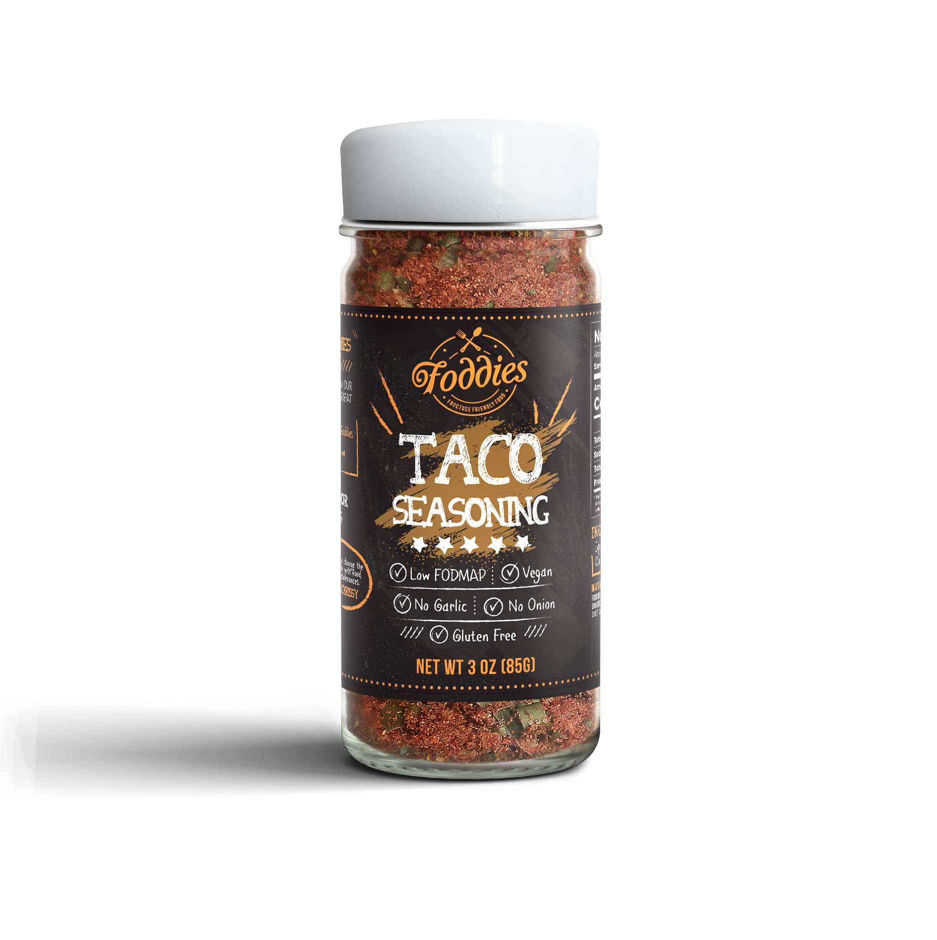 Foddies Taco Seasoning bottle highlights IBS-friendly, onion- and garlic-free flavor.