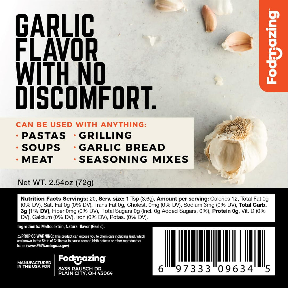 Fodmazing Garlic Replacer jar close-up highlights fat-free, non-GMO seasoning