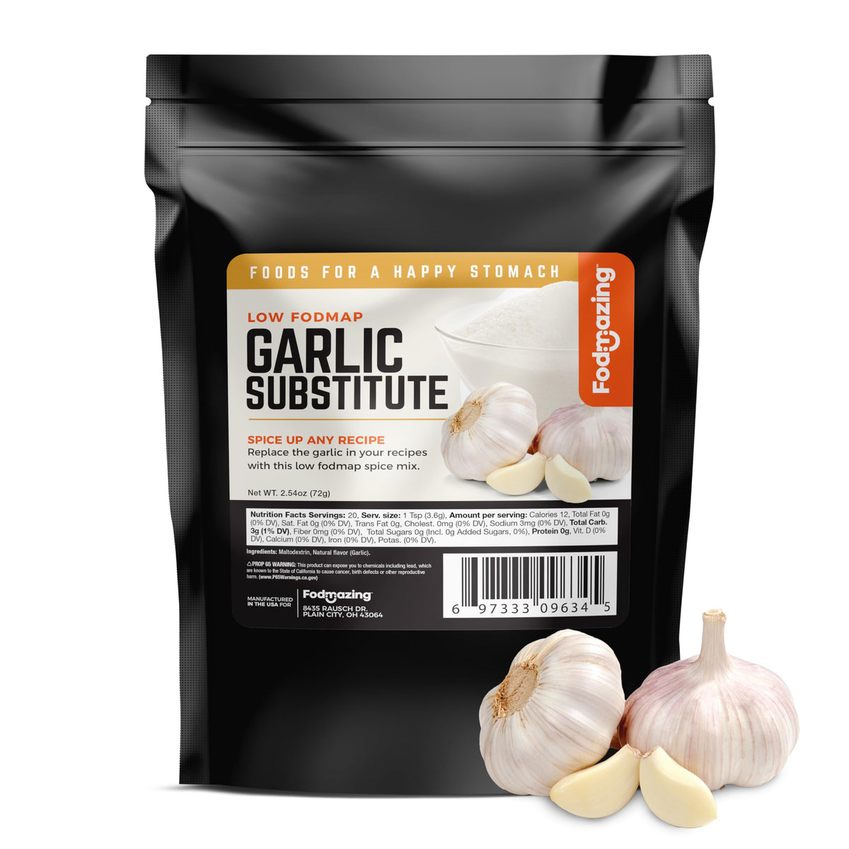 Fodmazing Garlic Replacer packaging shows gluten-free, low FODMAP seasoning