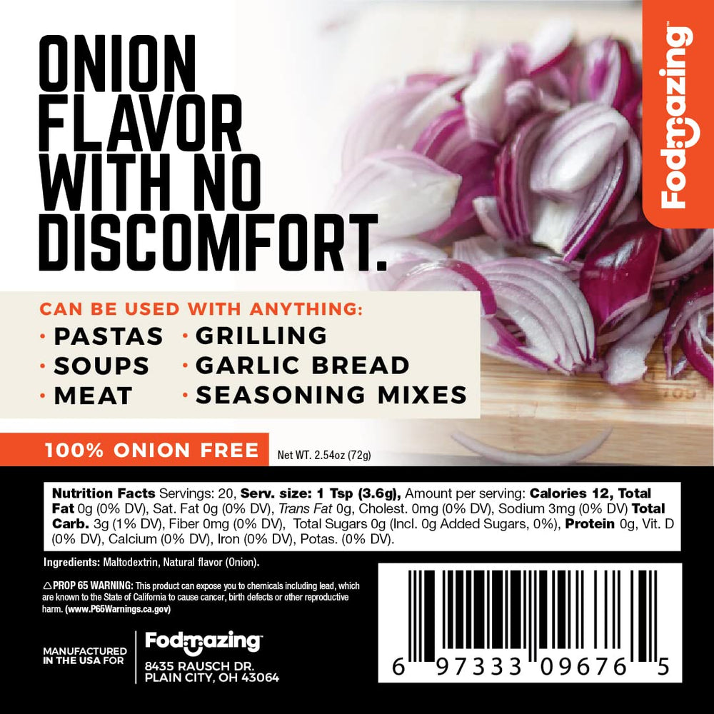 Fodmazing Low FODMAP Onion Spice pack open for IBS-friendly flavoring.
