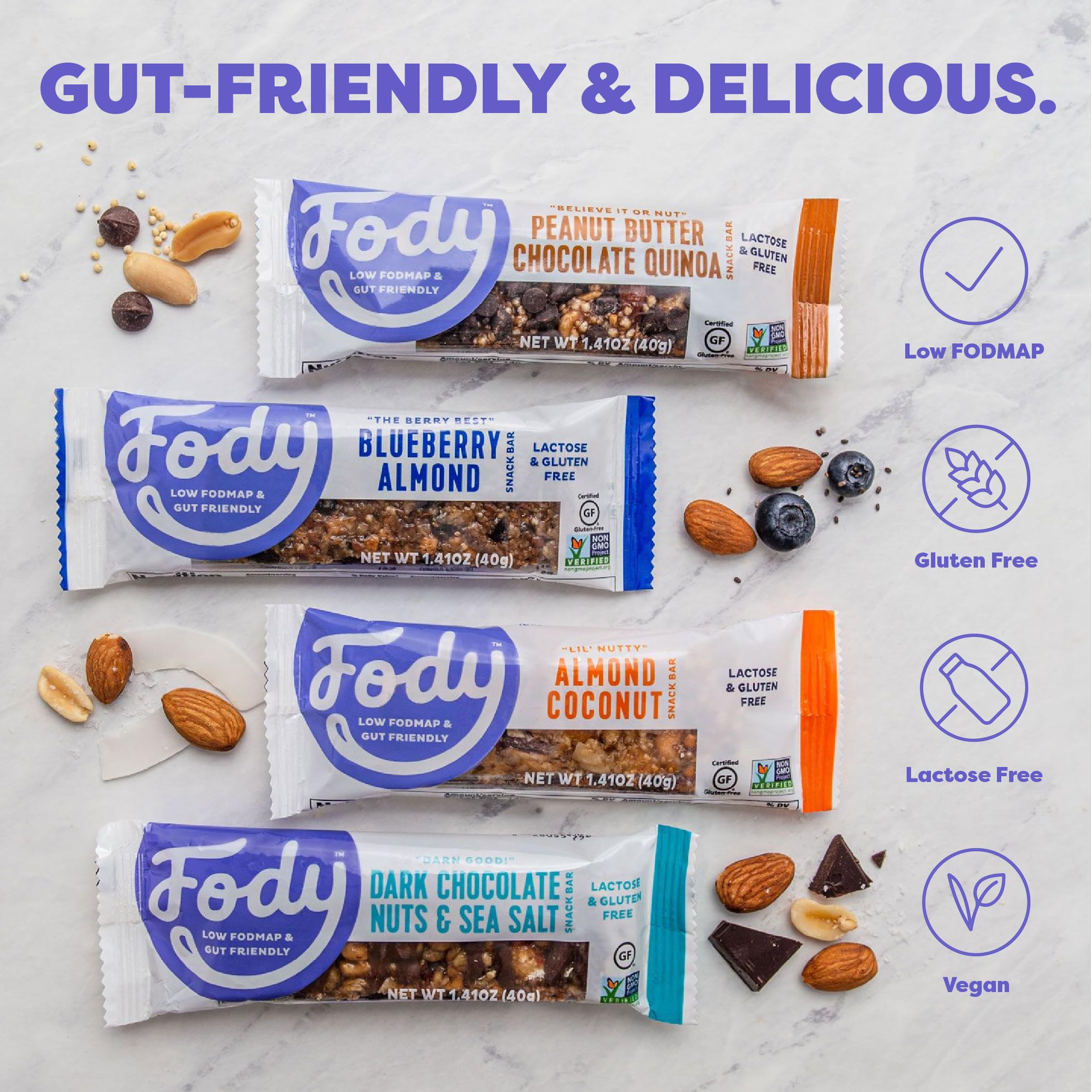 Fody Almond Coconut Snack Bars ingredients note featuring almonds, coconut and rice crunch.