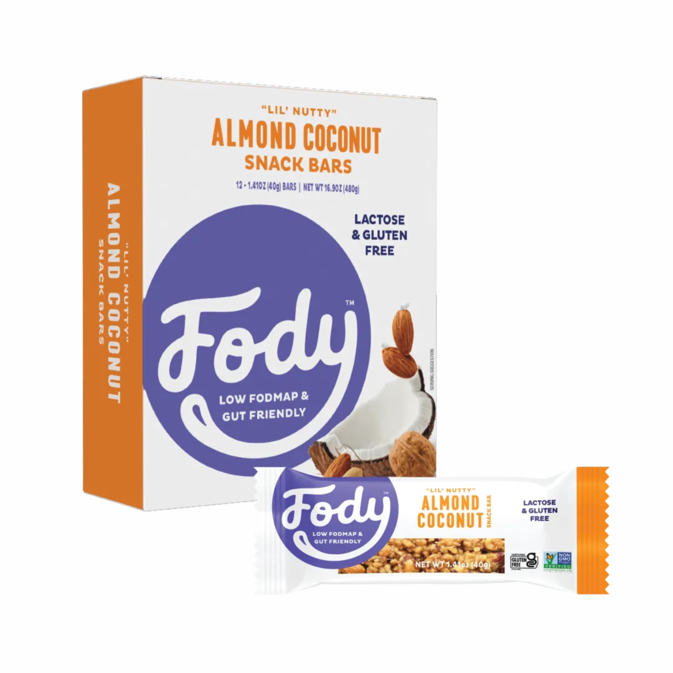 Fody Almond Coconut Snack Bars 12-pack on display for on-the-go energy.