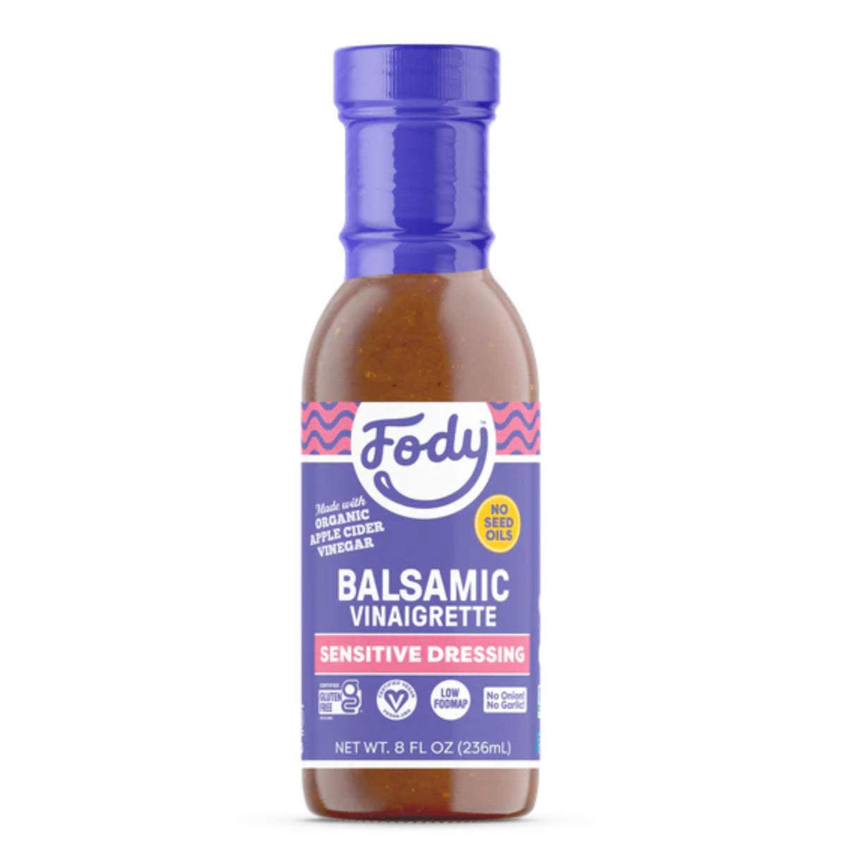 Fody Balsamic Vinaigrette bottle shows onion-free flavor for IBS-friendly salads