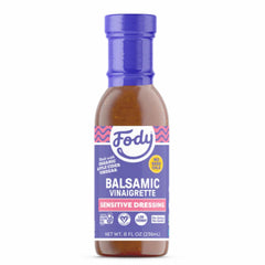 Fody Balsamic Vinaigrette bottle shows onion-free flavor for IBS-friendly salads