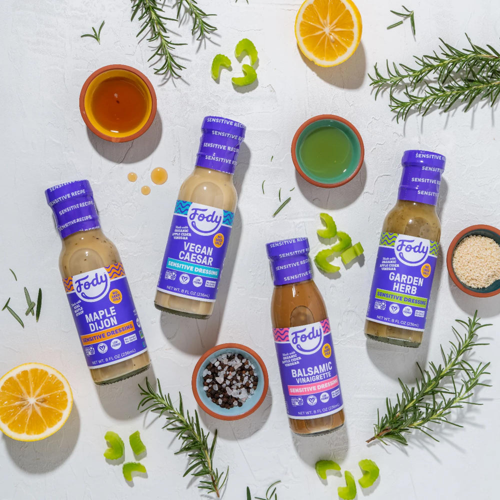Fody Balsamic Vinaigrette dipping plate illustrates use as a savory dip for veggies