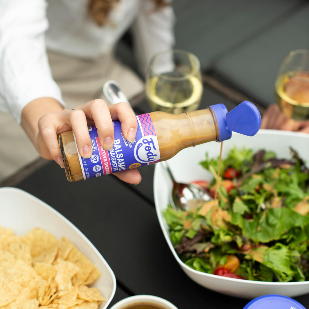 Fody Balsamic Vinaigrette label close-up communicates gluten-free and vegan certifications