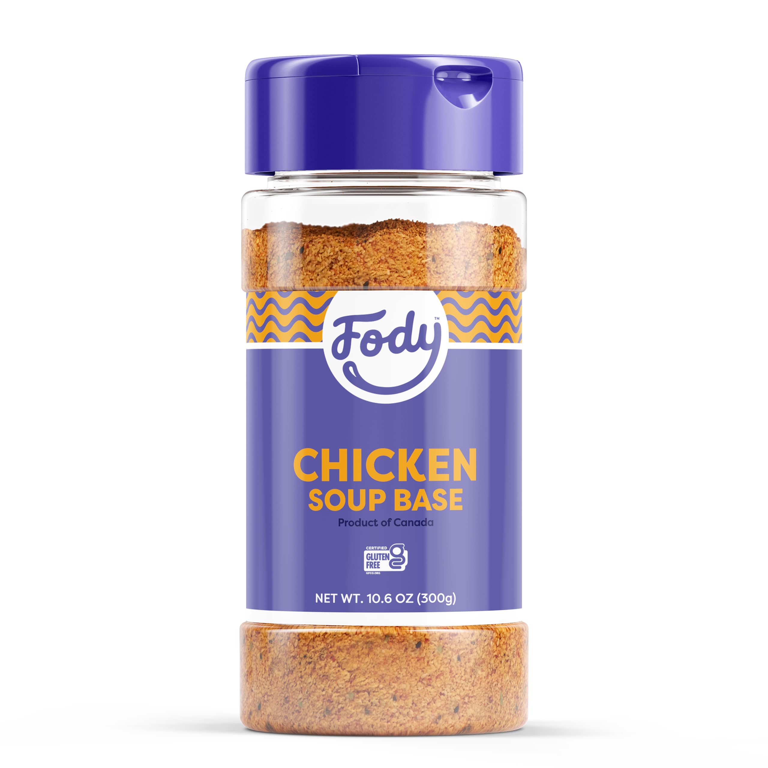 Fody Chicken Soup Base ready-to-use bottle shows gluten-free and non-GMO benefits.