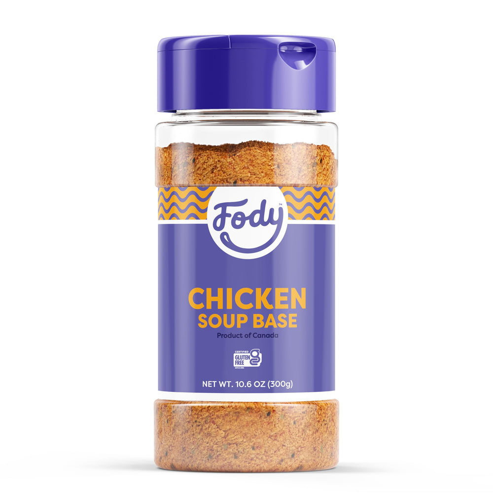 Fody Chicken Soup Base ready-to-use bottle shows gluten-free and non-GMO benefits.