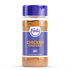 Fody Chicken Soup Base ready-to-use bottle shows gluten-free and non-GMO benefits.