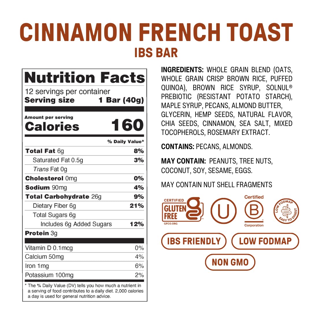 Fody Cinnamon French Toast bar label highlights gluten-free and lactose-free options.