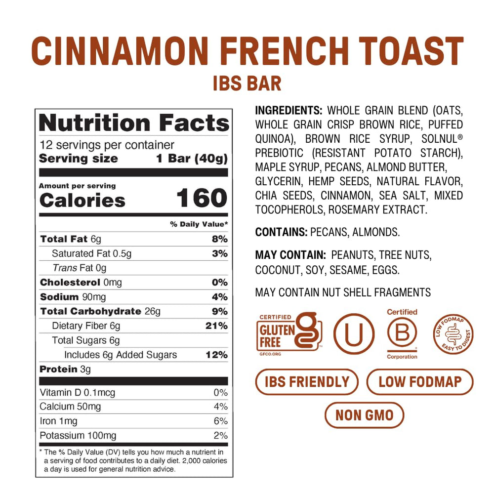 Fody Cinnamon French Toast bar label highlights gluten-free and lactose-free options.