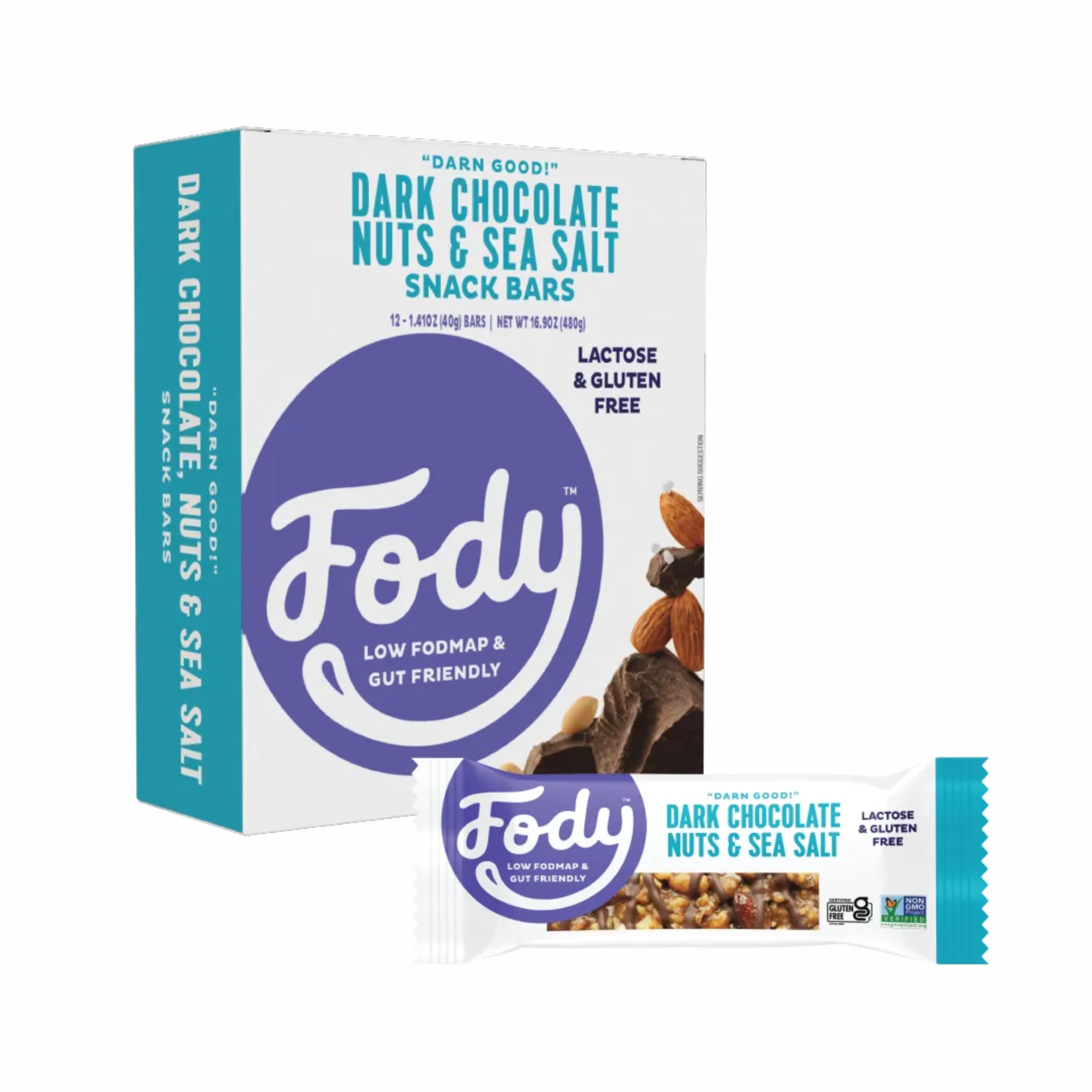 Fody dark chocolate nuts and sea salt bars packaging, IBS-friendly and gluten-free.
