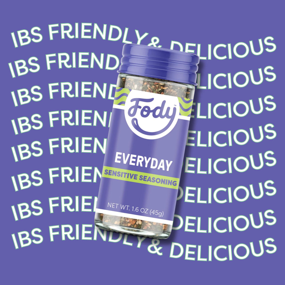 Fody Everyday Seasoning glass bottle sits on a clean kitchen counter