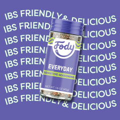 Fody Everyday Seasoning glass bottle sits on a clean kitchen counter