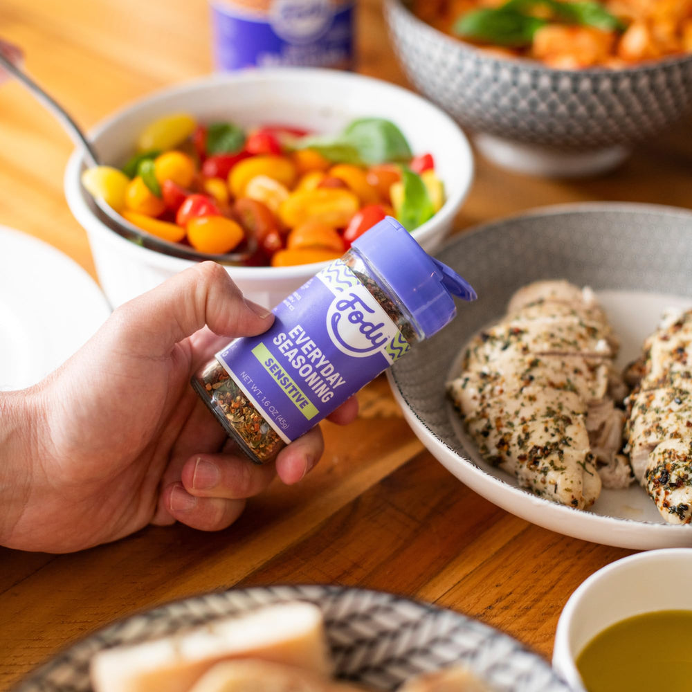 Fody Everyday Seasoning label shows gluten-free and vegan features
