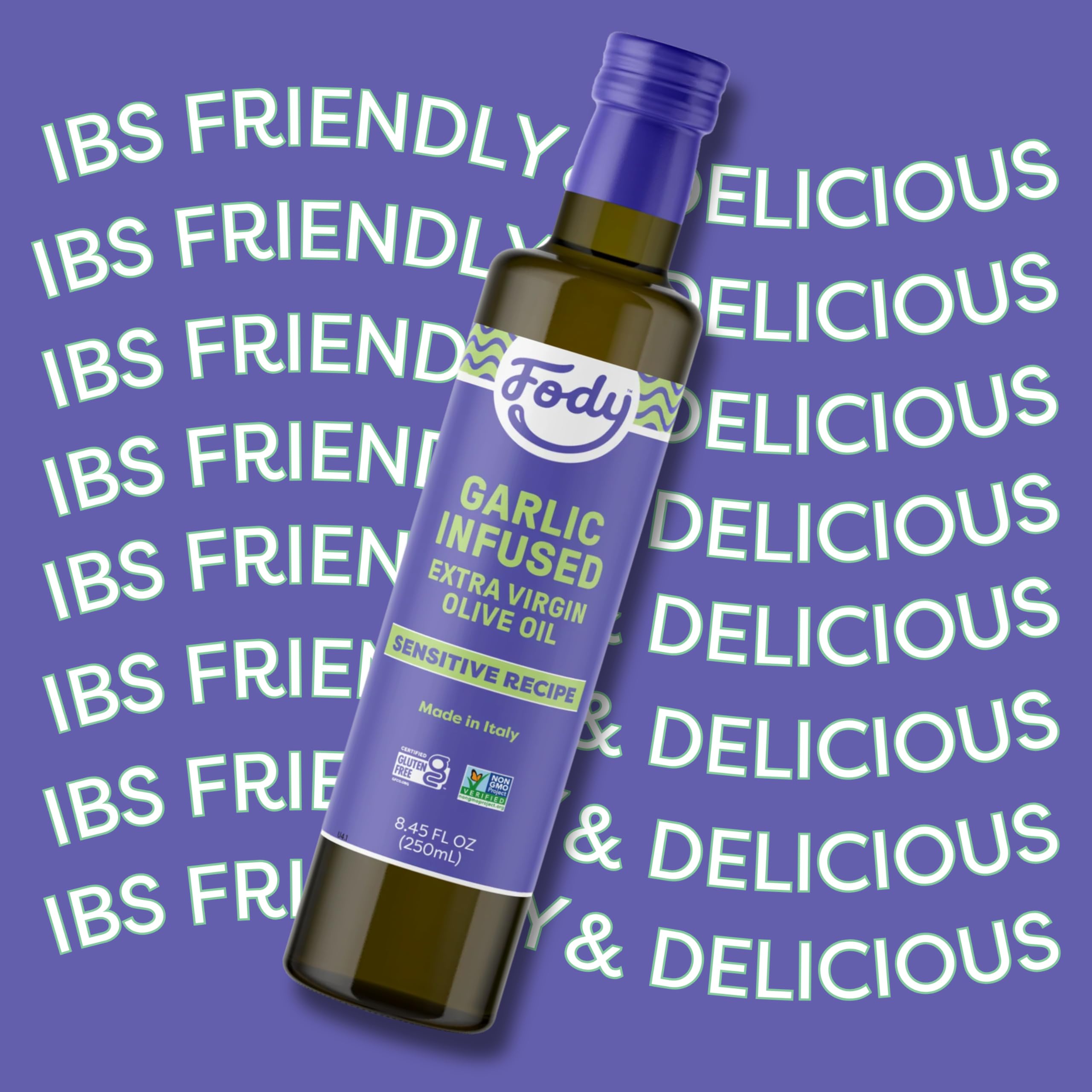 Fody garlic-infused olive oil on kitchen counter ready to use