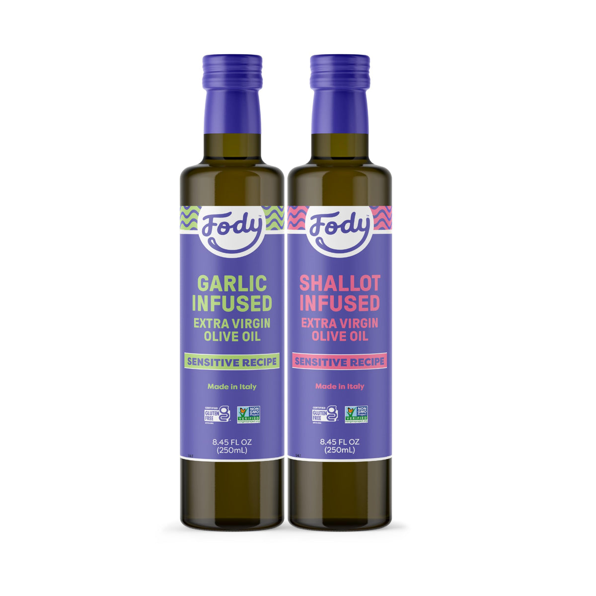 Fody garlic-shallot infused olive oil bottle pour for IBS-friendly cooking.