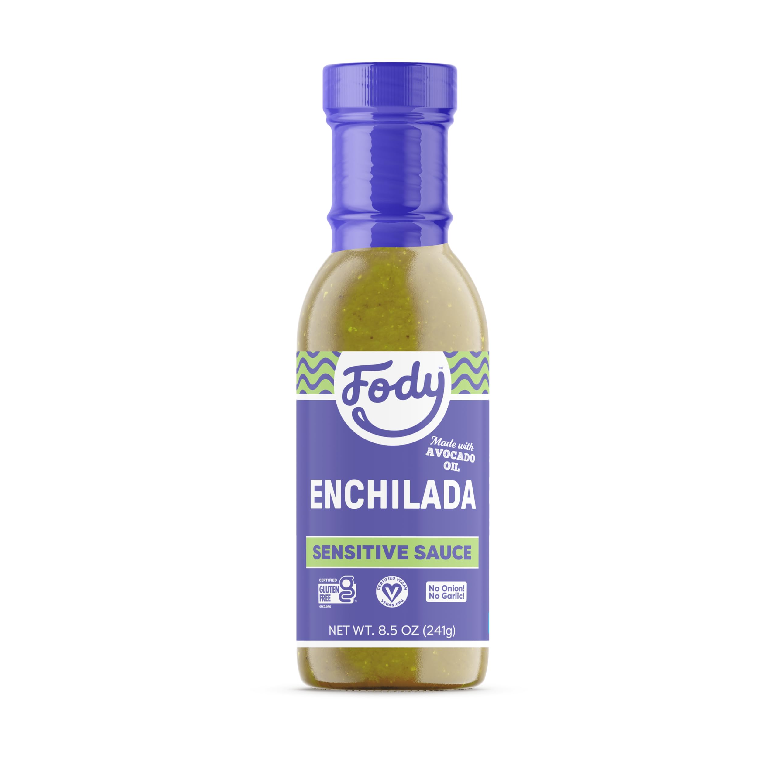 Fody Green Enchilada Sauce bottle close-up shows gut-friendly flavor