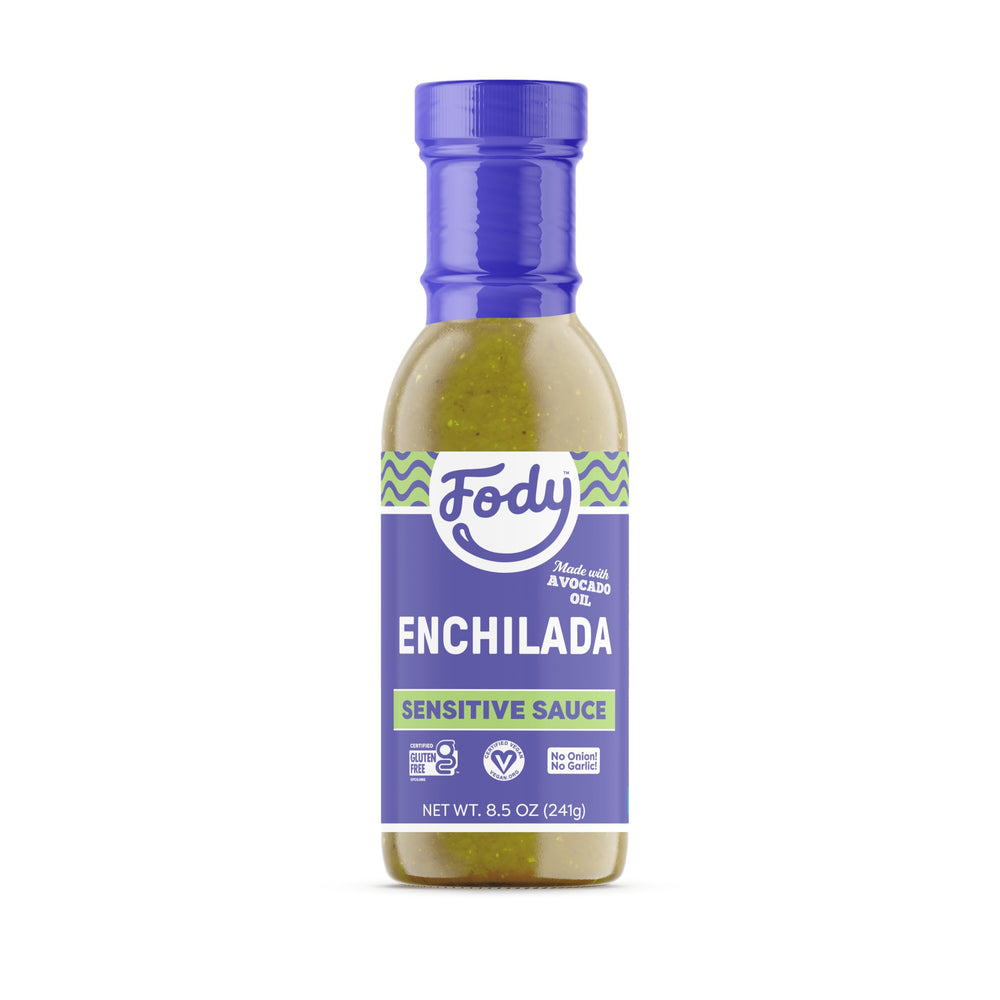 Fody Green Enchilada Sauce bottle close-up shows gut-friendly flavor