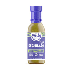 Fody Green Enchilada Sauce bottle close-up shows gut-friendly flavor