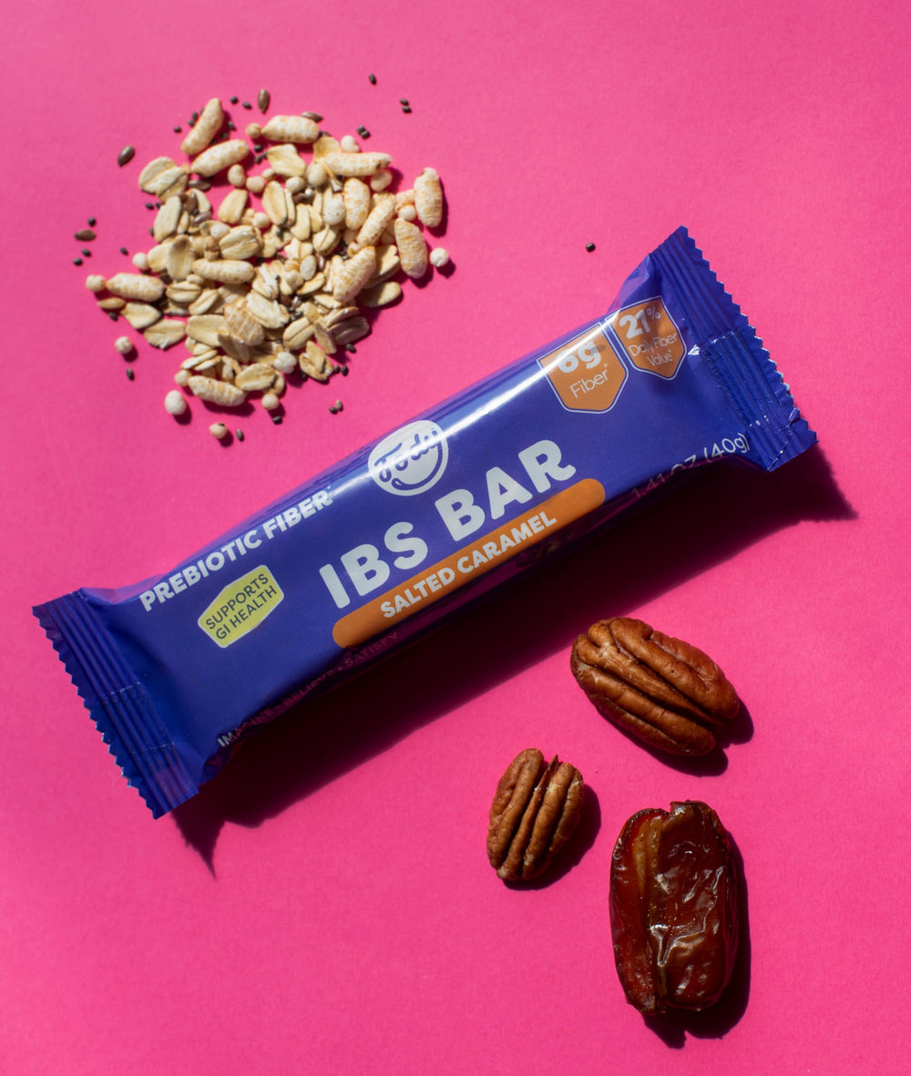 Fody Salted Caramel IBS Snack Bars bite shot highlighting crunch and sweetness