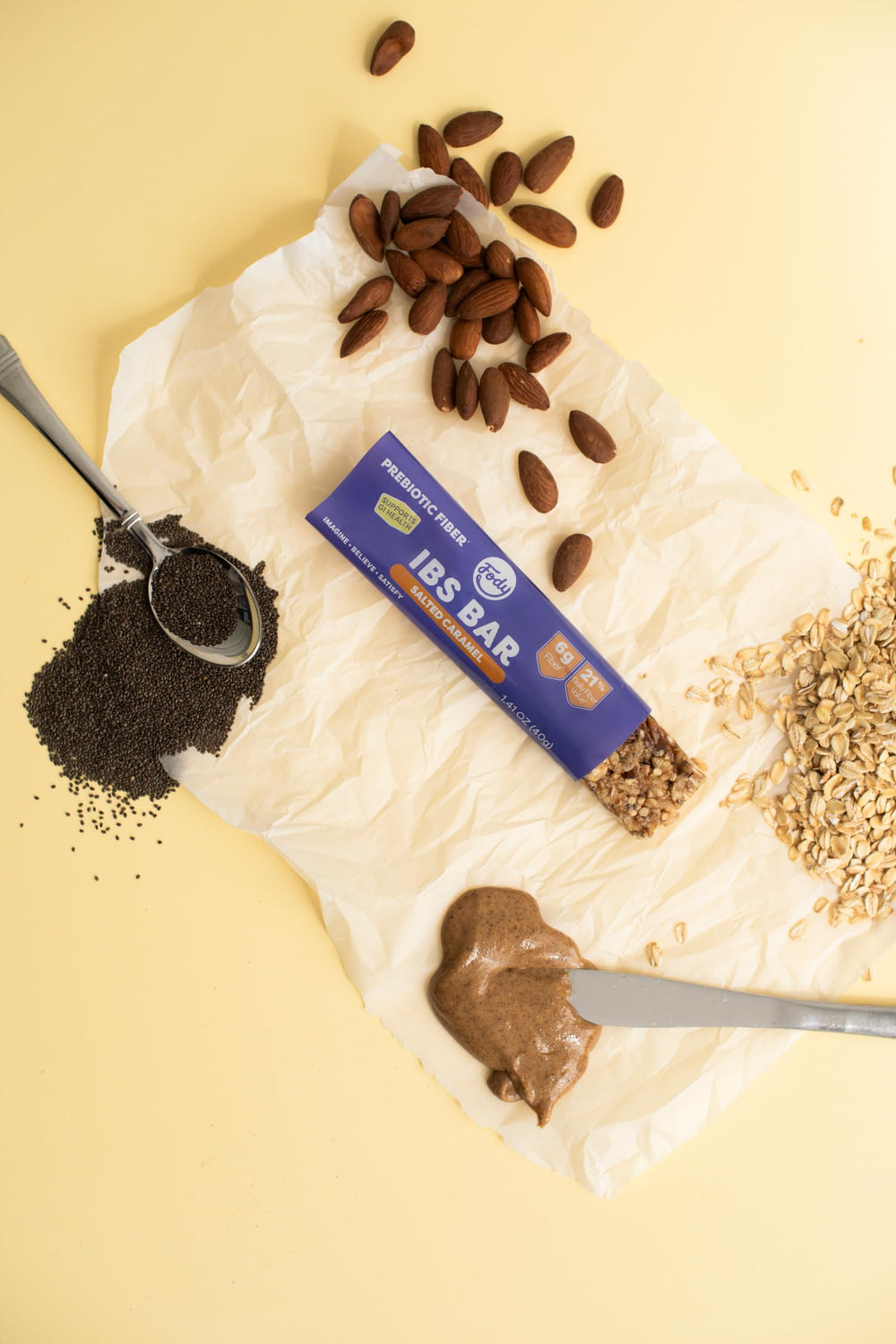 Fody Salted Caramel IBS Snack Bars cross-section showing oats and caramel