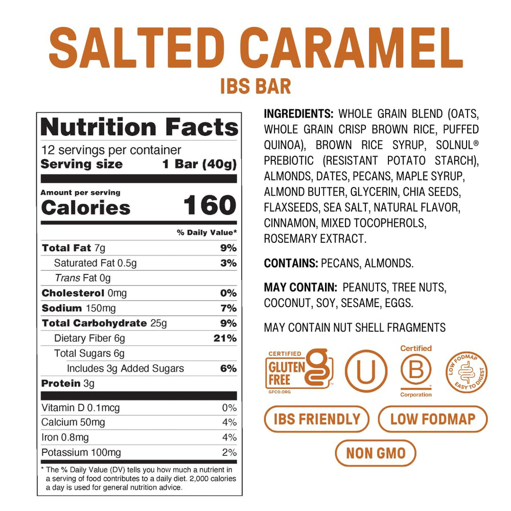 Fody Salted Caramel IBS Snack Bars texture close-up showing chewy oats and nuts