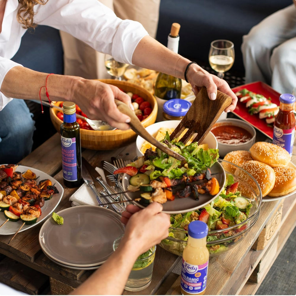 Fody kitchen scene with seasoning jar conveys easy weeknight meal inspiration