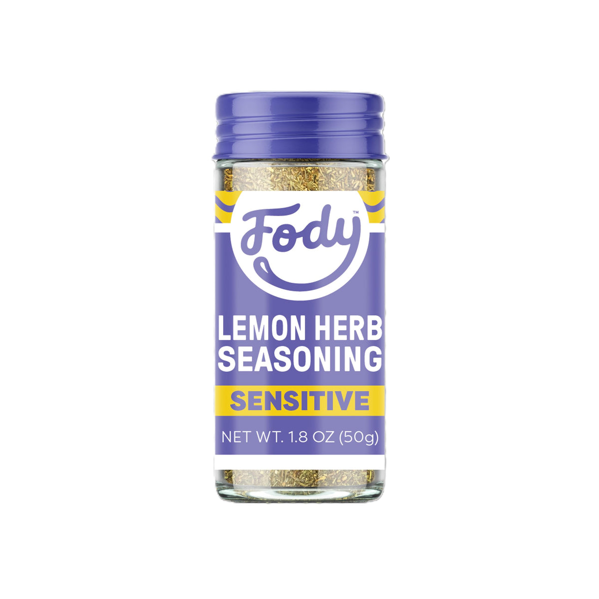 Fody Lemon Herb Seasoning jar front—vibrant herbs to brighten meals safely for sensitive diets.