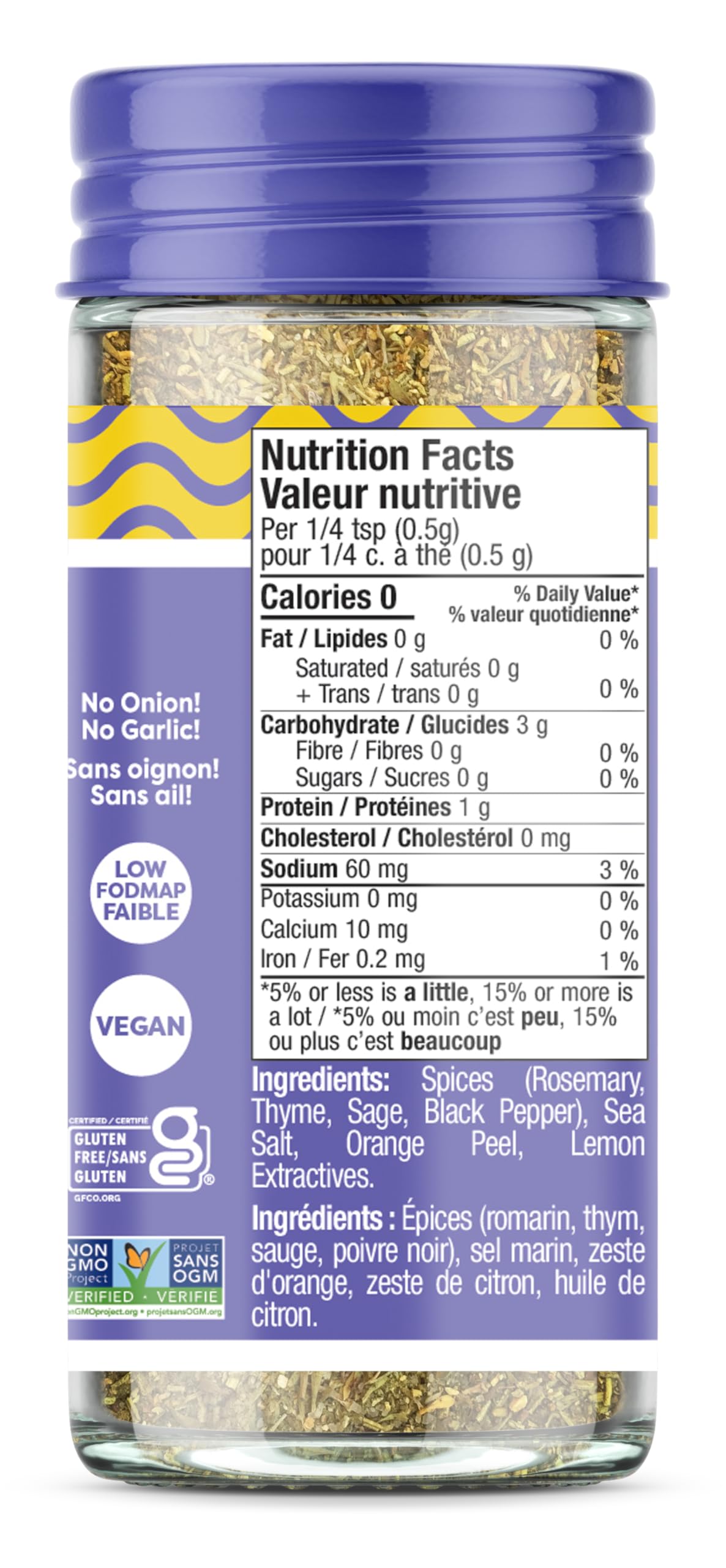 Fody Lemon Herb Seasoning label closeup—garlic- and onion-free profile with lemon, rosemary, thyme.