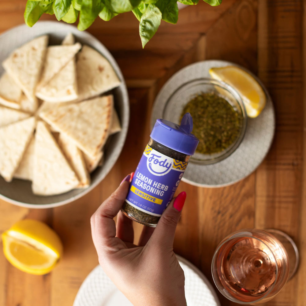 Fody Lemon Herb Seasoning with pasta—quick, flavorful boost without onion or garlic.