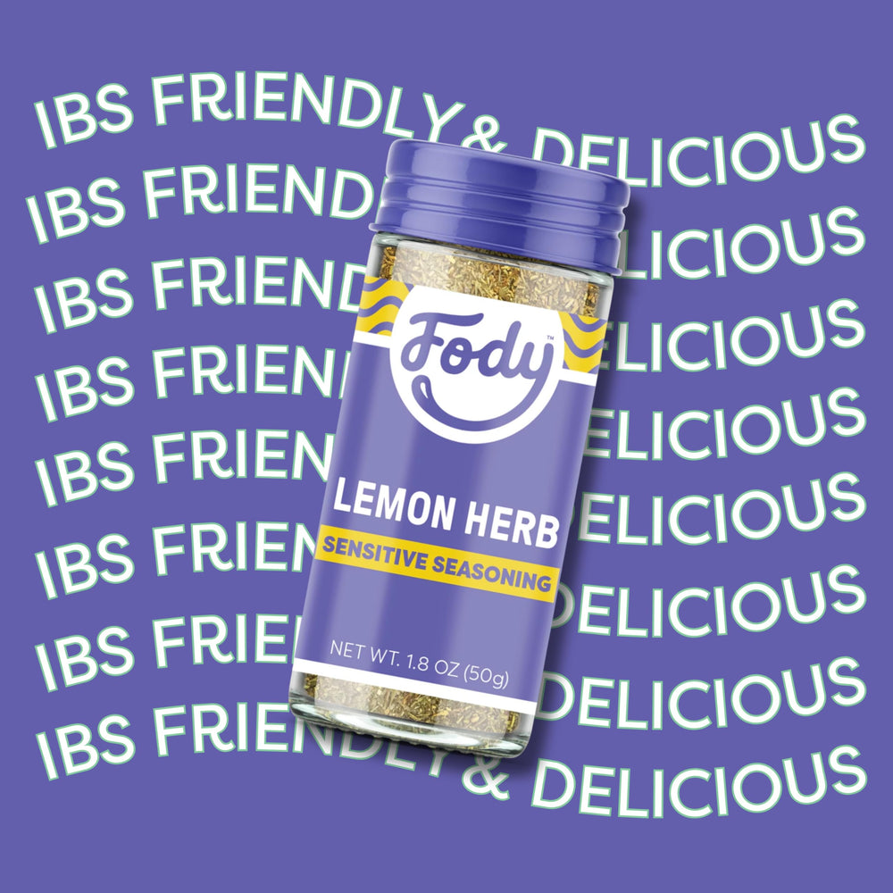 Fody Lemon Herb Seasoning on roasted vegetables—crisp edges, zesty aroma, and gut-friendly notes.