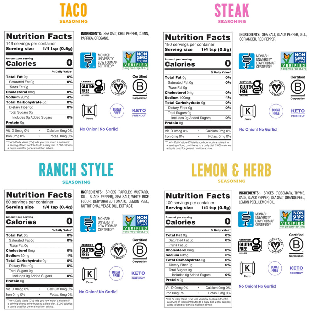 Fody Low FODMAP seasonings in jars highlight garlic- and onion-free flavor options.