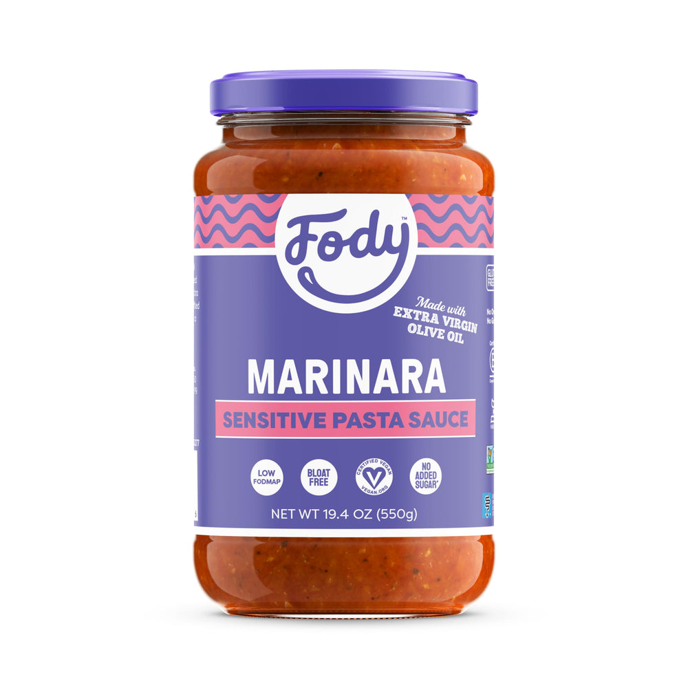 Fody Marinara sauce bottle with garlic- and onion-free formula for low FODMAP meals.