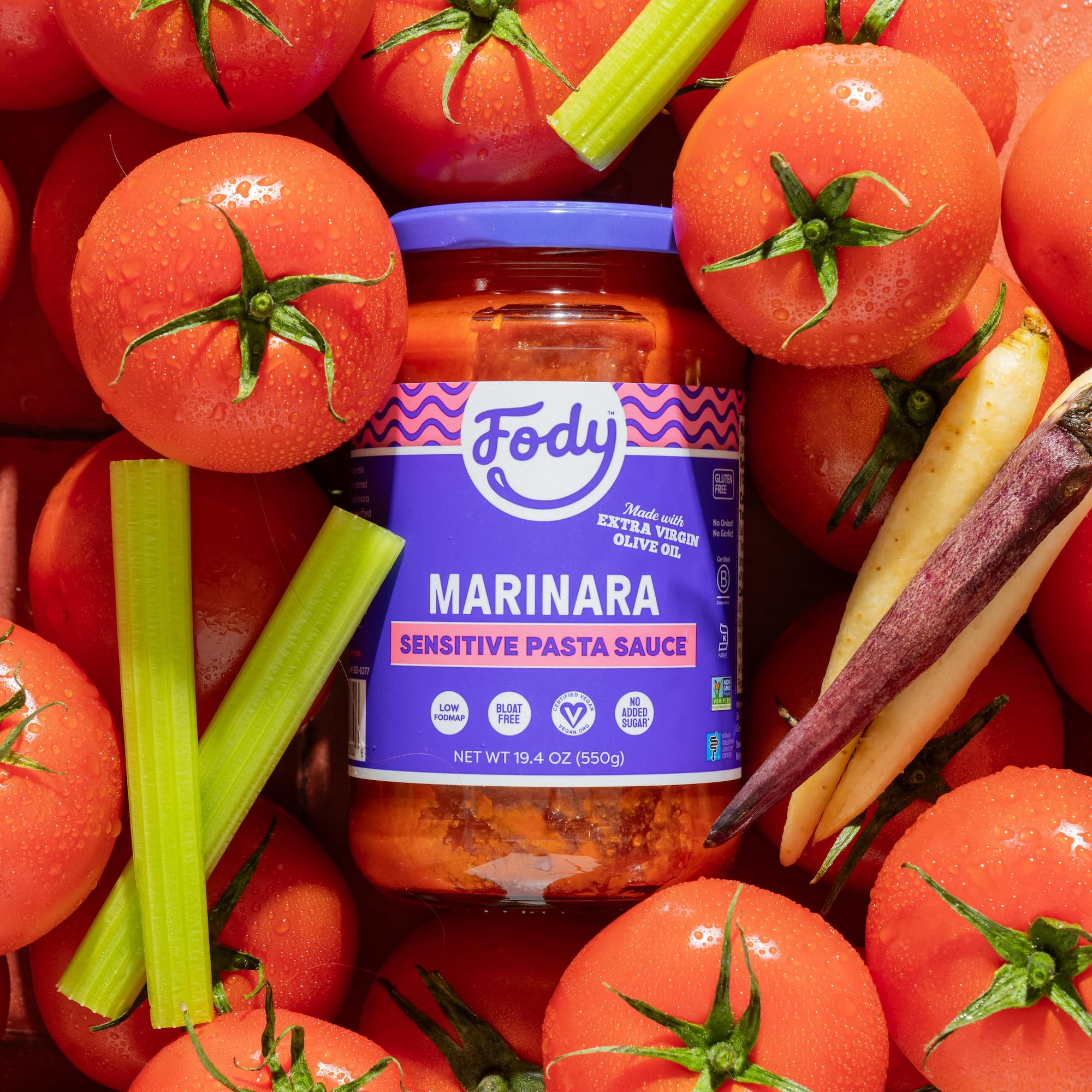 Fody Marinara jar with vegan certification for plant-based dining.
