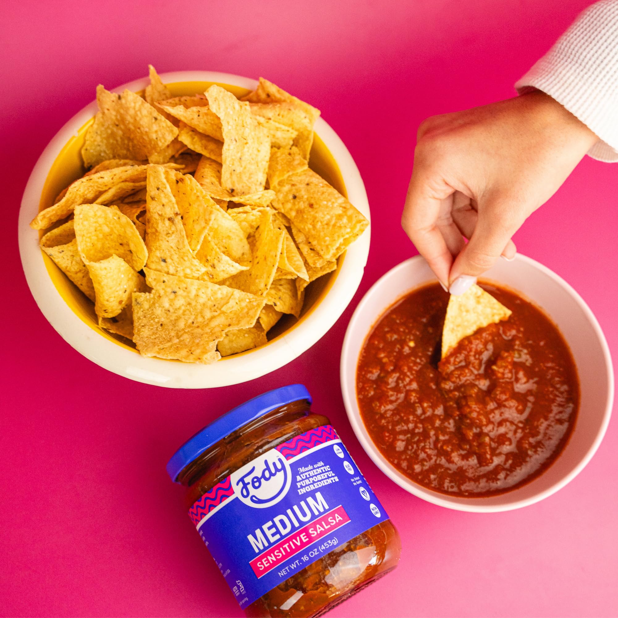 Fody salsa bottle on the counter ready to spice weeknights.